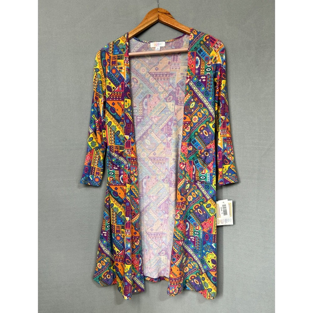 LuLaRoe Sariah Cardigan Multicolor Sz 12 Girls Geometric Open Front Long Sleeves